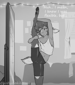 breasts camel_toe clothing crop_top deer_ears female flexible hair mirror nipple_slip shirt short_hair slim small_breasts solo splits spread_legs spreading standing tail text topwear yoga_shorts kahunakilolani brooke_(kahunakilolani) deer humanoid mammal monochrome