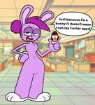 2022 3_toes anthro black_eyes black_text breasts buckteeth bunny_enid cartoon_network dialogue digital_drawing_(artwork) digital_media_(artwork) dumbochumbo easter easter_egg egg english_text enid_(ok_k.o.!_lbh) featureless_breasts featureless_crotch feet female fur hair hand_on_hip hi_res holding_egg holding_object holidays kaio_kincaid ok_k.o.!_let's_be_heroes open_mouth purple_body purple_fur purple_hair screencap screencap_background solo speech_bubble teeth text toes whiskers