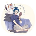 blue_hair claws duo feral hair humor male personal_grooming ponytail red_hair social_grooming styling_hair lanllan bandai_namco digimon joe_kido digimon_(species) gomamon human mammal 1:1 hi_res