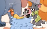 anthro bedding blanket clothed clothing cosplay eyes_closed group happy hat headgear headwear looking_at_another male necktie on_model partially_clothed police police_hat police_officer police_uniform shirt smile stroller topwear uniform vest atori disney metro-goldwyn-mayer tom_and_jerry zootopia butch_cat jerry_mouse thomas_cat domestic_cat felid feline felis mammal mouse murid murine rodent