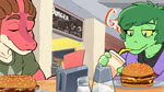 aggressive angry annoyed anthro background_music bacon bald beverage blue_eyes burger clothed clothing container cross-popping_vein cup diner drinking eating eating_food eyebrows eyelashes eyewear female food food_court freckled_face freckles furniture glasses green_body green_eyes green_hair grin group hair half-closed_eyes holding_beverage holding_object humor jacket looking_at_another male meat menu mischievous music napkin napkin_holder narrowed_eyes open_mouth plant plate poking public red_body restaurant salt salt_shaker shirt silly sitting sitting_together smile sugar sunglasses table teeth topwear trio unexpected window yellow_sclera toafloast cavemanon_studios i_wani_hug_that_gator damien_payne inco_(iwhtg) olivia_halford human mammal reptile scalie 16:9 2d_animation animated frame_by_frame short_playtime sound webm widescreen