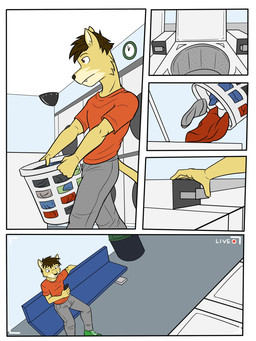anthro biped bottomwear camera_view cellphone clothed clothing electronics fully_clothed holding_cellphone holding_object holding_phone laundromat laundry male pants phone shirt sitting solo t-shirt topwear fuze chase_(fuze) cheetah felid feline mammal 3:4 comic hi_res multiple_scenes