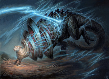 ambiguous_gender claws electricity feral fur light lightning magic outside scales shrinking side_view size_transformation solo species_transformation standing tail transformation wool_(fur) chris_seaman hasbro magic:_the_gathering wizards_of_the_coast bovid caprine crocodile crocodilian mammal reptile scalie sheep 2023 lighting official_art