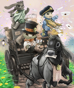ambiguous_gender anthro bag carriage clothing detailed_background envelope eyewear feral glasses group hat headgear headwear toony nejita equid equine horse lagomorph leporid mammal rabbit 5:6 detailed