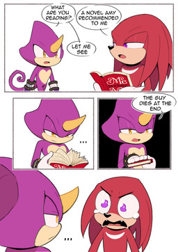 anthro bodily_fluids book clothing crying dialogue gloves hair handwear male purple_body purple_skin red_hair sad simple_background speech_bubble tears text white_background toonsite me_before_you sega sonic_the_hedgehog_(series) espio_the_chameleon knuckles_the_echidna chameleon echidna lizard mammal monotreme reptile scalie absurd_res comic english_text hi_res