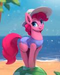 beach blue_eyes clothed clothed_feral clothing cutie_mark day detailed_background eyelashes female feral hair hat headgear headwear hooves outside pink_hair sand seaside smile solo swimwear rodrigues404 friendship_is_magic hasbro my_little_pony pinkie_pie_(mlp) earth_pony equid equine horse mammal pony 2017