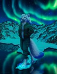 anthro aurora_(phenomenon) black_clothing black_hoodie black_topwear blue_body blue_claws blue_clothing blue_eyes blue_fur blue_hair blue_nose blue_pawpads blue_shirt blue_tail blue_topwear bottomwear cargo_pants claws clothed clothing detailed_background elemental_manipulation feet female fur glistening glistening_eyes grey_clothing hair hoodie ice ice_manipulation lake magic magic_user mountain mountain_range night outside pants pawpads paws reflection rock shirt sky smile snow solo star tail topwear water white_body white_ears white_fur white_hair white_tail kippycube amber_puppy canid canine canis mammal wolf herm_(lore)