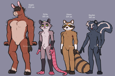 5_fingers anthro blue_body brown_body brown_nose duo fingers fur green_eyes grey_body group hair hair_over_eye hooves kayden_(dirtygum) long_ears long_hair male multicolored_body muscular muscular_male orange_eyes paws pink_nose pink_tail purple_eyes ralphi_(dirtygum) simon_(dirtygum) simple_background size_difference smile solo tail text trio dirtygum dirky_(dirtygum) american_opossum asinus donkey equid equine humanoid mammal marsupial mephitid procyonid raccoon skunk 3:2 character_name hi_res
