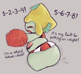 belly belly_eye big_butt bodily_fluids bottom_heavy bottomwear butt cheering cheerleader_outfit clothed clothing crossdressing dialogue eyelashes eyes_closed fat_shaming makeup male midriff open_mouth overweight overweight_male pom_poms rhyme rhyming running_makeup shortstack skirt solo tears text thick_thighs wide_hips zlut385 nintendo pokemon generation_3_pokemon jirachi legendary_pokemon pokemon_(species) colored digital_drawing_(artwork) digital_media_(artwork)