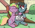 duo female hug male outside plant sitting snout snout_overhang tree pokefound hasbro my_little_pony fan_character equid equine horse mammal pony 5:4