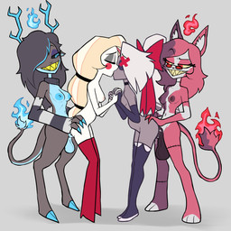 anthro anthro_penetrating anthro_penetrating_humanoid armwear balls big_balls black_armwear black_choker black_clothing black_elbow_gloves black_fingerless_gloves black_gloves black_handwear black_jewelry black_legwear black_necklace black_sclera black_thigh_highs blue_body blue_countershading breasts canon_couple canon_x_oc choker clothing collarbone countershade_torso countershading ear_piercing elbow_gloves eye_patch eyes_closed eyeshadow eyewear fangs female female/female female_penetrated fingerless_gloves fire flaming_tail french_kissing genitals gloves grey_background grey_body grey_skin group group_sex gynomorph gynomorph/female gynomorph_penetrating gynomorph_penetrating_female hair half-closed_eyes handwear hip_grab horn humanoid_on_anthro humanoid_penetrated interlocked_fingers intersex intersex/female intersex_penetrating intersex_penetrating_female jewelry kissing legwear legwear_only long_hair makeup mostly_nude narrowed_eyes navel necklace nude penetration piercing ponytail red_clothing red_legwear red_thigh_highs sandwich_position sex sharp_teeth simple_background slim_female slim_humanoid small_breasts spiral spiral_eyes stitch_(sewing) stitched_body stockings tail teeth thigh_highs thigh_highs_only hexecat hazbin_hotel hellaverse charlie_morningstar vaggi_(hazbin_hotel) angel deer demon felid feline humanoid mammal 1:1 2026 absurd_res full-length_portrait hi_res portrait smaller_version_at_source
