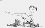 blood bodily_fluids claws clothing duo feral male oral_vore pubic_boot simple_background tail teeth vore white_background amit dinosaur dromaeosaurid human mammal prehistoric_species reptile scalie theropod velociraptor 16:10 2012 monochrome sketch traditional_media_(artwork) widescreen