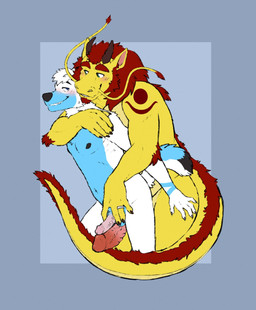 anthro arm_tuft athletic athletic_anthro athletic_male balls blue_body blue_eyes blue_fur blush digit_ring duo erection facial_hair fur genitals goatee green_eyes hair horn humanoid_genitalia humanoid_penis jewelry male male/male male_anthro nipples nude nude_anthro nude_male penis pink_penis red_hair red_penis ring simple_background smile standing tail teeth tuft wedding_ring whiskers white_body white_fur yellow_body labradorszn mythology canid canine canis dragon hybrid mammal mythological_creature mythological_scalie scalie wolfdog 2022 hi_res