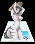 absurd_res alpha_channel anthro areola big_breasts breaking_the_fourth_wall breasts chapaevv clothing collaboration digital_media_(artwork) empaws equid equine fan_character female genitals hands_behind_head hasbro hat headgear headwear hi_res kinyua looking_at_viewer mammal my_little_pony nipples nude photo pussy shaded smile solo stripes water zebra