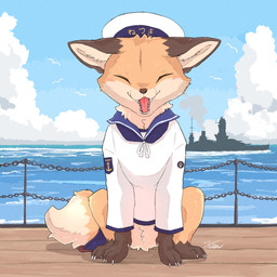 ambiguous_gender blue_clothing brown_body brown_fur claws clothed clothed_feral clothing cloud day detailed_background dipstick_tail eyes_closed fangs feet feral fur hat headgear headwear markings multicolored_body multicolored_fur multicolored_tail open_mouth orange_body orange_fur outside quadruped sailor_uniform sea sitting sky smile solo tail tail_markings tan_body teeth toes tongue tuft uniform vehicle water watercraft white_clothing fusau canid canine fox mammal 1:1 2026 detailed hi_res signature