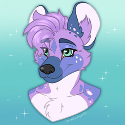 anthro black_nose blue_eyebrows chest_tuft eyebrows eyelashes female freckled_face freckles fur green_eyes hair inner_ear_fluff long_eyelashes multicolored_body multicolored_fur purple_body purple_fur purple_hair purple_inner_ear_fluff simple_background solo star teal_background tuft greenteadragonboi hyena mammal 1:1 hi_res portrait
