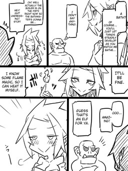 dialogue duo female humor male not_furry text jin_(mugenjin) elfxorc elf humanoid orc 3:4 comic english_text monochrome
