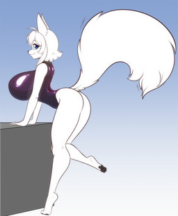 anthro big_breasts blue_eyes breasts butt clothing eyebrows eyelashes feet female fur glistening hair leotard pawpads smile solo white_body white_fur white_hair scorpdk yuki_(yuki_anno) arctic_fox canid canine fox mammal true_fox 2026 absurd_res hi_res