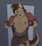 anthro arm_tuft barbell_piercing bottomwear brown_body brown_fur brown_hair bulge claws clothed clothing curved_tail ear_piercing ear_ring elbow_tuft eyebrows fingerless_gloves front_view fur gloves grey_bottomwear grey_clothing grey_shirt grey_shorts grey_tank_top grey_topwear hair handwear jacket legwear looking_at_viewer male mohawk muscle_tone muscular nipples open_clothing open_jacket open_topwear piercing ponytail raised_eyebrow red_clothing red_eyes red_jacket red_topwear ring_piercing ripping shirt shorts simple_background smile smirk solo tail tank_top topwear torn_clothing torn_legwear torn_shirt torn_topwear tuft kaioat russell_carmine canid canine canis coyote mammal digital_drawing_(artwork) digital_media_(artwork) flat_colors hi_res portrait three-quarter_portrait