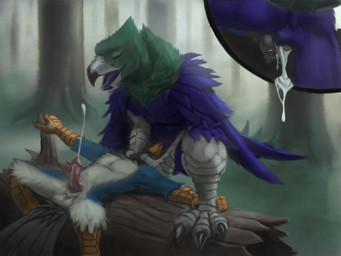 anal anal_penetration animal_genitalia animal_penis anthro anthro_on_anthro avian_feet balls beak beak_fetish beak_play beak_sex beakjob blue_body blue_feathers bodily_fluids cum cum_in_ass cum_inside cum_while_penetrated cumshot cutaway detailed_background duo ejaculation erection eyes_closed feathers feet fellatio forest genital_fluids genitals green_body green_feathers hands-free knot looking_pleasured lying male male/male male_penetrated male_penetrating male_penetrating_male muscular muscular_male nude on_back open_mouth oral orgasm outside penetration penile penis plant sex size_difference tail tail_feathers talons toes tree white_body white_feathers wings reku_(character) avian bird corvid oscine passerine taiwan_blue_magpie 4:3 digital_media_(artwork) hi_res