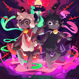 4_fingers ambiguous_gender bell bell_collar black_body black_fur black_wool collar duo fangs fingers fur happy holding_melee_weapon holding_object holding_sword holding_weapon horn melee_weapon moon red_moon sword teeth weapon white_body white_fur white_wool wool_(fur) asrik cult_of_the_lamb massive_monster_(studio) goat_(cult_of_the_lamb) lamb_(cult_of_the_lamb) red_crown_(cult_of_the_lamb) bovid caprine goat mammal sheep 1:1 2024 english_description hi_res