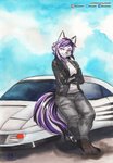 anthro biped bottomwear car clothing digitigrade female fur hair jacket leaning_on_object leather leather_clothing leather_jacket leather_topwear looking_away outside pants paws shirt smile solo topwear vehicle murazaki ferrari_testarossa canid canine mammal 2020 absurd_res hi_res painting_(artwork) traditional_media_(artwork) watercolor_(artwork)