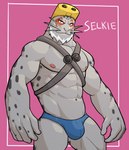 2021 abs anthro barazoku beard bulge character_name clothing facial_hair harness headgear hi_res jrjresq looking_at_viewer male mammal marine muscular muscular_anthro muscular_male my_hero_academia navel nipples pecs pink_background pinniped pinup portrait pose seal selkie_(my_hero_academia) simple_background solo spotted_seal standing thong three-quarter_portrait underwear