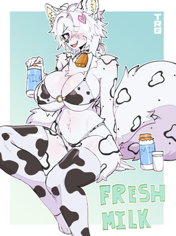 5_fingers advertisement ahoge animal_print animal_print_bikini anthro arm_tuft big_breasts bikini biped blush blush_lines braided_hair braided_ponytail breast_squish breasts clothed clothed_anthro clothed_female clothing container cow_print cow_print_bikini cup dairy_products female fingers fluffy fluffy_chest food front_view fur glass glass_container glass_cup hair heart_(marking) heart_symbol inner_ear_fluff legwear looking_at_viewer markings milk navel pattern_bikini pattern_clothing pattern_swimwear ponytail purple_eyes sitting smile solo spots spotted_body spotted_fur squish stockings swimwear tail teeth text thigh_highs tight_clothing tongue tuft tufted_fur two-piece_swimsuit white_body white_fur white_hair thericegoat freya_(xaineth) arctic_fox canid canine fox mammal true_fox 2025 absurd_res digital_drawing_(artwork) digital_media_(artwork) english_text hi_res portrait