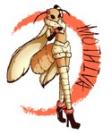 antennae_(anatomy) anthro biped boots clothing compound_eyes eyelashes female footwear fur high_heeled_boots high_heels shoes simple_background solo tan_body text white_background white_body white_fur wings fuutes_(artist) bug_fables moonsprout_games mothiva_(bug_fables) arthropod insect lepidopteran moth colored english_text official_art