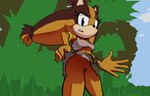 anthro blue_eyes breasts clothed clothing female genitals orange_body pussy solo under_boob upskirt spikeybluething sega sonic_boom sonic_the_hedgehog_(series) sticks_the_jungle_badger badger mammal mustelid musteline hi_res