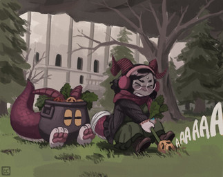 aaaaa anthro bandage bandaged_tail beaded_bracelet beaded_jewelry beads biped black_hair bodily_fluids boots bracelet chibi clothing curled_horn dress earmuffs evergreen_tree eyes_closed eyewear female footwear glasses grass green_clothing green_dress group hair hole_(pit) horn jewelry leaf mandragora_(plant) pawpads pine_tree plant roots round_glasses scales scaly_tail scarf screaming shoes sitting sweat tail tree wearing_glasses chimeracauldron european_mythology mythology cece_(chimeracauldron) joan?_(chimeracauldron) chimera elemental_creature flora_fauna mythological_creature mythological_mandrake trans_(lore) trans_woman_(lore)