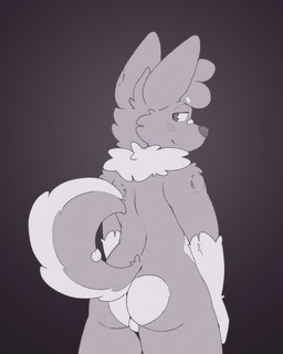 anthro band-aid band-aid_on_face band-aid_on_nose bandage bandage_on_face bandage_on_nose bite blush blush_lines butt looking_at_viewer looking_back male nude simple_background solo tail wolfyzeeb zeeb_wolfy canid canine canis mammal wolf 4:5 hi_res