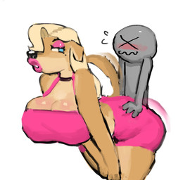 anthro anthro_focus assertive_female bedroom_eyes bent_over big_breasts blonde_hair blue_eyes blush bottomwear breasts choker cleavage clothed clothing crop_top duo eyeshadow female female_anthro female_focus female_on_human grinding hair hand_on_butt hands_on_knees hands_on_legs huge_breasts human_on_anthro interspecies jewelry lips lipstick long_hair makeup male male/female male_human male_on_anthro markings mole_(marking) narrowed_eyes necklace pink_bottomwear pink_clothing pink_crop_top pink_eyeshadow pink_lipstick pink_shirt pink_shorts pink_topwear seductive shirt shorts simple_background tail tail_motion tailwag thick_lips topwear white_background x3 iheartmaskmen anon pam_(iheartmaskmen) canid canine canis domestic_dog human mammal
