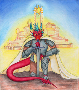 ambiguous_gender anthro armor city city_background cloak clothed clothing hair horn knight melee_weapon outside red_body solo sun sword tail warrior weapon mordorinka mythology dragon mythological_creature mythological_scalie scalie hi_res