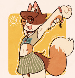 anthro bottomwear bracelet cheek_tuft chest_tuft clothing crop_top eyewear facial_tuft femboy glasses jewelry looking_at_viewer male necklace one_eye_closed shirt shorts smile solo stretching summer sun tail topwear tuft puppeypawbs syrup_(puppeypawbs) calico_cat domestic_cat felid feline felis mammal 2025 hi_res