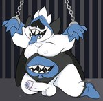 anthro balls bdsm belly belly_mouth blue_tongue bodily_fluids chain erection foreskin genital_fluids genitals male moobs nipples overweight overweight_humanoid overweight_male pecs penis precum prison prisoner saliva solo teeth tongue tongue_out tbid deltarune undertale_(series) king_spade bovid caprine humanoid mammal monster hi_res