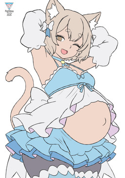 belly big_belly eyebrow_through_hair eyebrows femboy hair hands_behind_head male one_eye_closed pregnant pregnant_male solo translucent translucent_hair wink arrowdark re:zero ferris_argyle animal_humanoid cat_humanoid felid felid_humanoid feline feline_humanoid humanoid mammal mammal_humanoid absurd_res hi_res