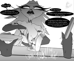 anthro ball_squeeze ballbusting balls bdsm beak bondage bound breasts candle candle_in_penis candle_in_urethra candle_wax candlestick clothed clothed_female clothing cock_and_ball_torture crown dialogue dominant dominant_female dress duo erection feathers female fire food forniphilia furniture genital_torture genitals headgear holding_food holding_object hole_in_table humanoid_genitalia humanoid_penis infidelity lit_candle male male/female moan multicolored_body objectification open_mouth pain penis seductive shaking simple_background stab submissive submissive_male table text threatening_castration tremble_spikes trembling urethral wax_play yelling_at_another potatonebula hellaverse helluva_boss jaiden_(radiown) stella_(helluva_boss) arthropod avian bee demon hymenopteran insect english_text greyscale monochrome