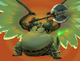 anthro axe battle_axe belly big_belly big_muscles bottomwear clothing green_body huge_belly huge_muscles loincloth male musclegut muscular muscular_male solo wings dekuinthelake mythology dragon mythological_creature mythological_scalie reptile scalie