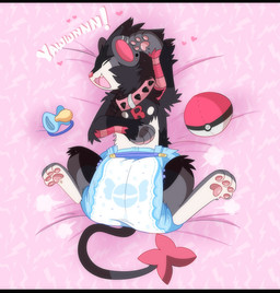 ambiguous_gender big_diaper black_body black_fur black_spikes circle_(marking) clean_diaper clothed clothing collar cute_fangs diaper diaper_puff ear_piercing ear_ring eyes_closed fangs feral fur grey_body grey_fur grey_tail hand_above_head heart_symbol lightning_bolt lying multicolored_body multicolored_fur on_back one_eye_obstructed open_mouth pacifier pattern_background piercing pink_body pink_collar pink_fur pink_inner_ear pink_nose pink_stripes plushie pokeball ring_piercing simple_background solo spiked_collar spikes striped_arms stripes tail teeth wearing_diaper white_body white_fur yawn jupiters nintendo pokemon pokemon_mystery_dungeon spike_chunsoft team_rocket fan_character thunder_(sanicgamer1999) generation_4_pokemon luxray pokemon_(species) hi_res letterbox female_(lore)