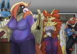 anthro anthrofied beak blue_body blue_fur breasts clothed clothing eyewear feathered_wings feathers female fur glasses group hair long_hair long_story male pokemorph red_body red_fur red_hair simple_background store wings yellow_body yellow_fur zerofox1000 nintendo pokemon den_(zerofox1000) maya_del_phox millie_p_geot ricky_(zerofox1000) avian blaziken canid canine delphox generation_1_pokemon generation_3_pokemon generation_6_pokemon mammal mega_evolution mega_lucario pidgeot pokemon_(species) 2016 story story_in_description