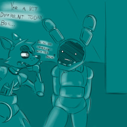 anthro dark dialogue duo humor machine male text unknown_artist five_nights_at_freddy's five_nights_at_freddy's_2 scottgames withered_bonnie_(fnaf) withered_foxy_(fnaf) animatronic canid canine fox lagomorph leporid mammal rabbit robot 1:1 english_text