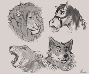 anthro looking_aside male male_anthro mouth_closed open_mouth simple_background solo tongue tongue_out chumbasket canid canine equid equine felid horse lion mammal pantherine 2017 6:5 absurd_res dated hi_res monochrome signature sketch sketch_page