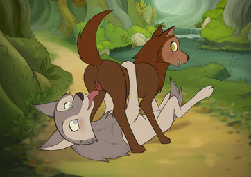animal_genitalia animal_vulva anus blush brown_body brown_fur canine_genitalia canine_vulva cunnilingus duo feet female female/female feral feral_on_feral foreskin fur genitals grey_body grey_fur hair looking_back lying nude on_back open_mouth oral outside outside_sex paws penis plant raised_tail sex smile spread_legs spreading tail toes tongue tongue_out toony upside_down_vulva vaginal vulva minum cartoon_saloon mythology wolfwalkers mebh_og_mactire robyn_goodfellowe canid canine canis domestic_dog mammal mythological_creature wolf absurd_res digital_media_(artwork) hi_res