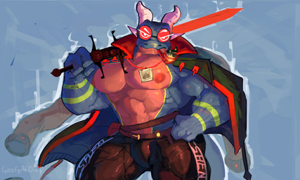 2_horns 3_fingers >:| angry anthro arm_stripes big_muscles big_pecs blue_background blue_body blue_scales bottomwear brown_bottomwear brown_clothing brown_pants clothed clothing collar countershade_torso countershading eyewear fingers frowning_at_viewer furrowed_eyebrows glasses green_clothing green_jacket green_stripes green_topwear hand_on_hip hand_on_own_hip head_horn holding_melee_weapon holding_object holding_sword holding_weapon horn huge_muscles jacket jacket_over_shoulders looking_at_viewer male melee_weapon muscular muscular_male name_tag nipples non-mammal_nipples object_in_mouth pants pecs red_body red_collar red_countershading red_eyewear red_glasses red_scales red_sword round_glasses scales simple_background smoking_pipe smoking_pipe_in_mouth solo stripes sword sword_over_shoulder text topless topwear waist_accessory weapon wearing_glasses white_aura white_horn goofyahdragons scalie artist_name hi_res portrait three-quarter_portrait