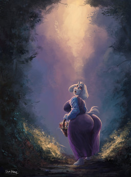 anthro barefoot basket big_breasts big_butt breasts butt clothing container dress feet female forest fur horn huge_butt light long_ears looking_back overweight overweight_anthro overweight_female plant red_eyes slightly_chubby slightly_chubby_anthro slightly_chubby_female solo sunlight tail tree white_body white_fur bluebarrel undertale_(series) toriel bovid caprine goat mammal absurd_res hi_res