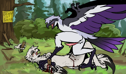 ambiguous_gender anthro avian_feet blood bodily_fluids duo erection feathers feet genitals imminent_rape imminent_sex impalement looking_down looking_down_at_partner lying male male/ambiguous on_back open_mouth penis pinned pinned_to_ground scared spread_wings stake tail tail_feathers talons tapering_penis toes warning_sign wings wounded nikita_(artist) birdpathy nikita_(nikita) avian bird great_grey_shrike owl hi_res