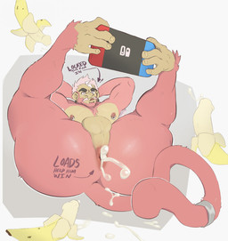 anthro anus balls banana big_butt bodily_fluids butt cum cum_in_ass cum_inside ejaculation feet food fruit genital_fluids genitals hands-free hands_behind_head lying male on_back piercing plant prehensile_feet presenting presenting_anus solo tail text toes dcapmode nintendo nintendo_switch ape haplorhine humanoid mammal monkey primate hi_res