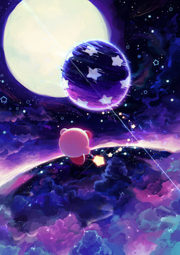 ambiguous_gender biped detailed_background duo fight floating holding_object holding_wand levitation moon night not_furry orb pink_body planet red_body size_difference star_polygon star_rod wand suyasuyabi427 kirby's_adventure kirby_(series) nintendo kirby nightmare_(kirby) waddling_head 2022 absurd_res hi_res