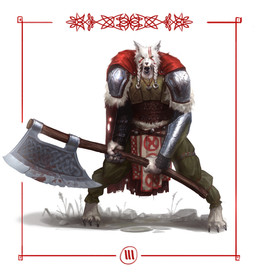 3_toes angry anthro armor axe barefoot bottomwear braided_hair cape claws clothing feet front_view fur grey_body grey_fur hair holding_axe holding_object leather leather_armor loincloth male mjolnir_necklace open_mouth pauldron red_cape red_clothing simple_background solo standing toes white_background white_body white_fur artyom_kim canid mammal hi_res
